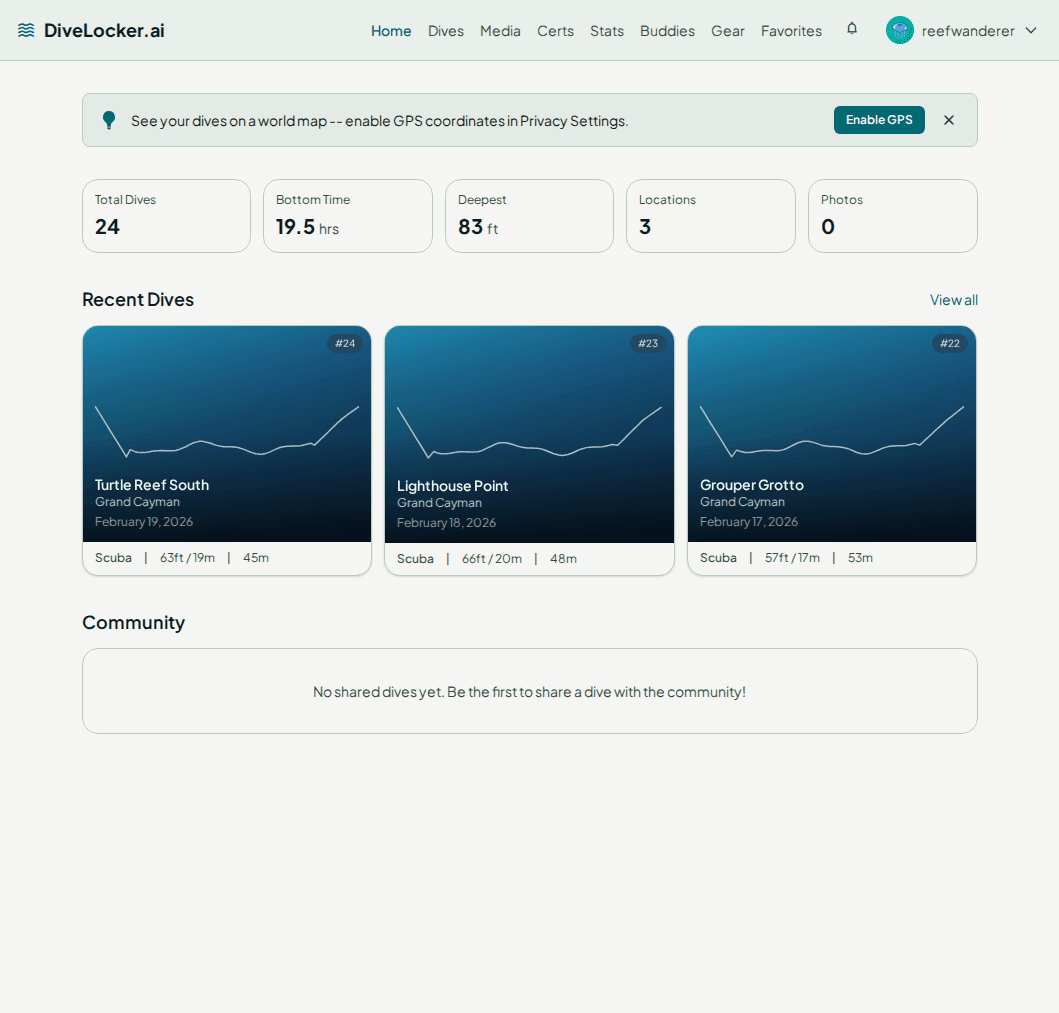DiveLocker.ai dashboard showing dive log, stats, and recent dives