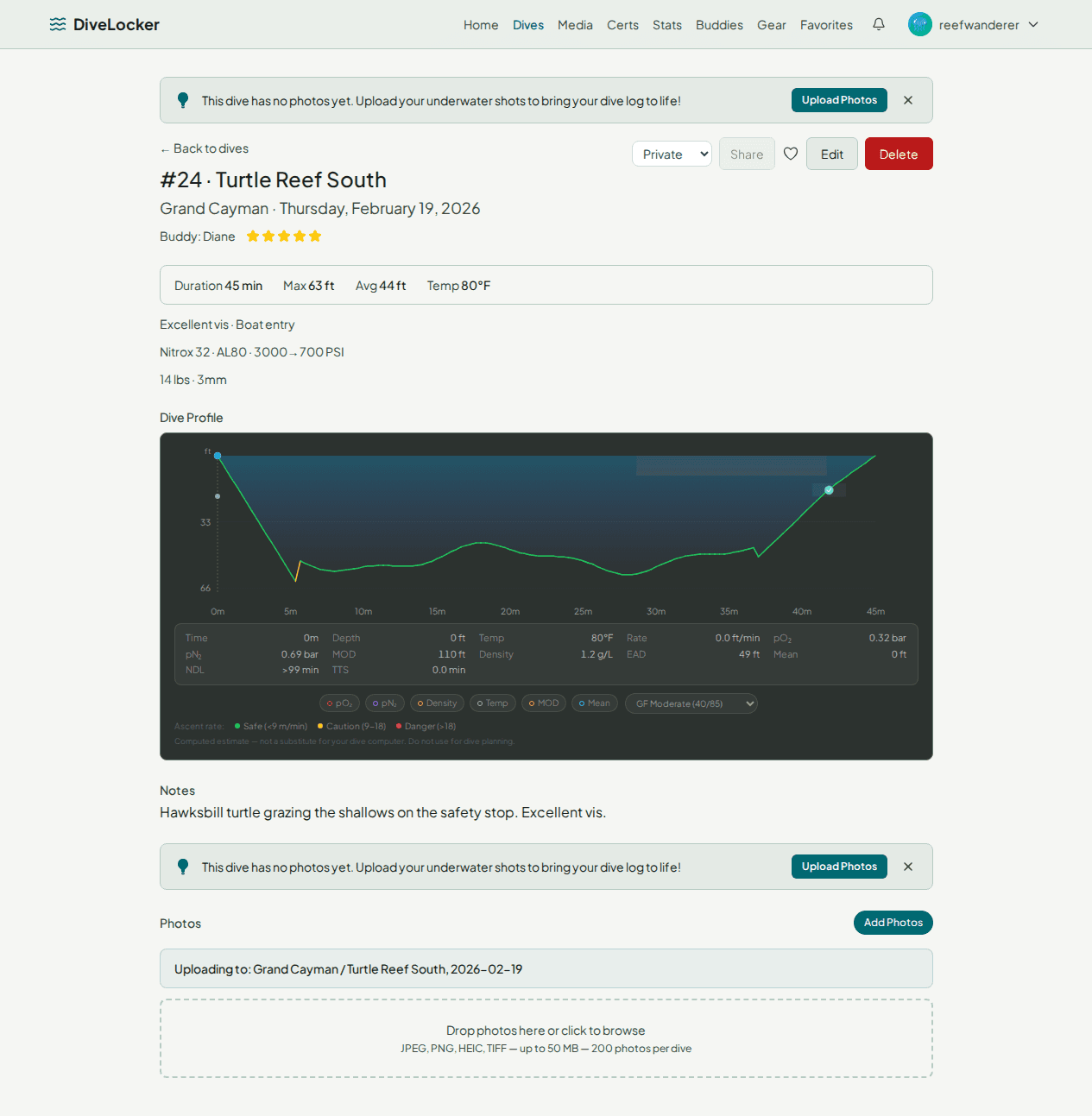 DiveLocker.ai dashboard showing dive log, stats, and recent dives